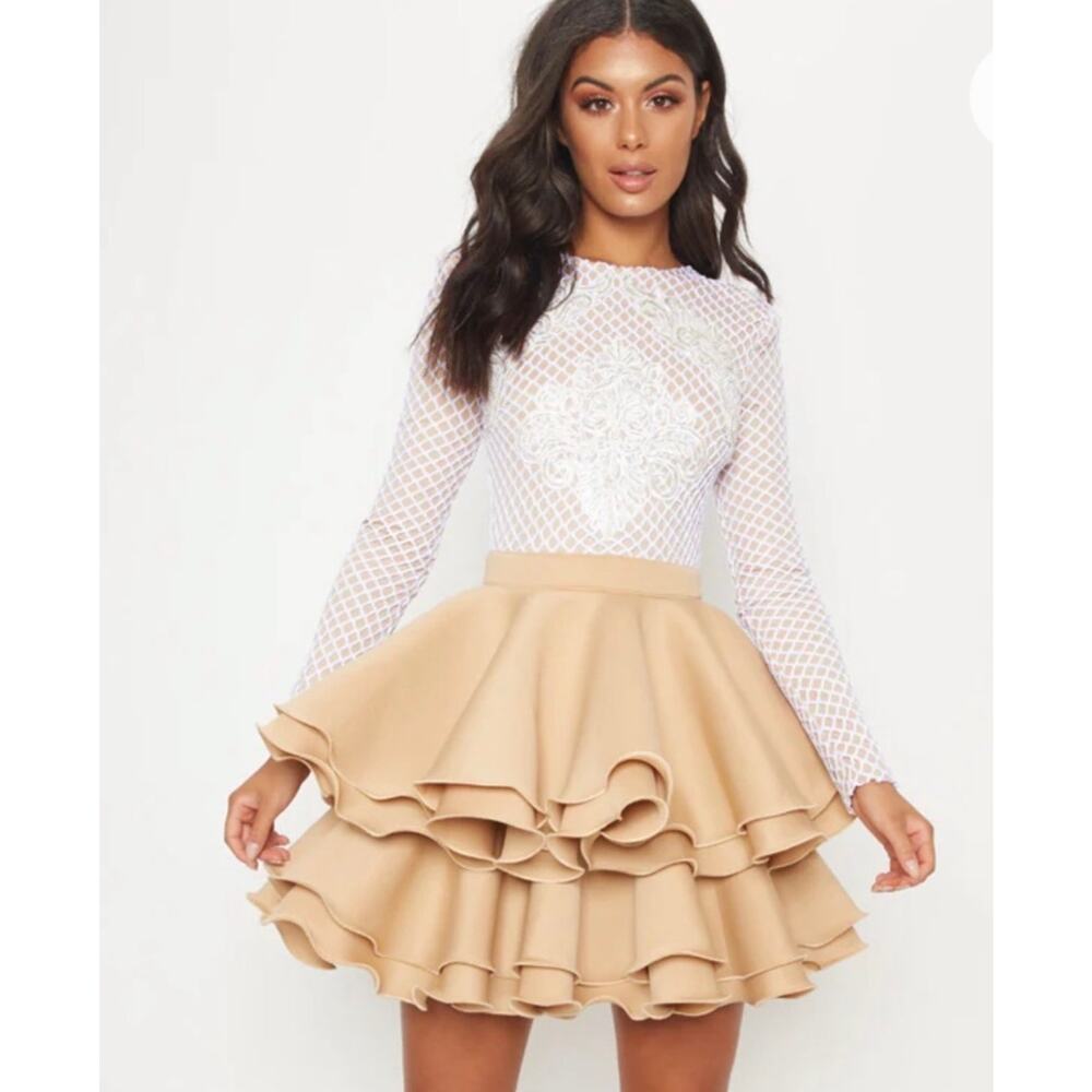 NUDE APPLIQUE DETAIL RUFFLE TIERED SKATER DRESS NWT SIZE 0 - Picture 3 of 14